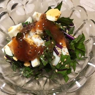 赤水菜と茹で卵のバジルシードサラダ